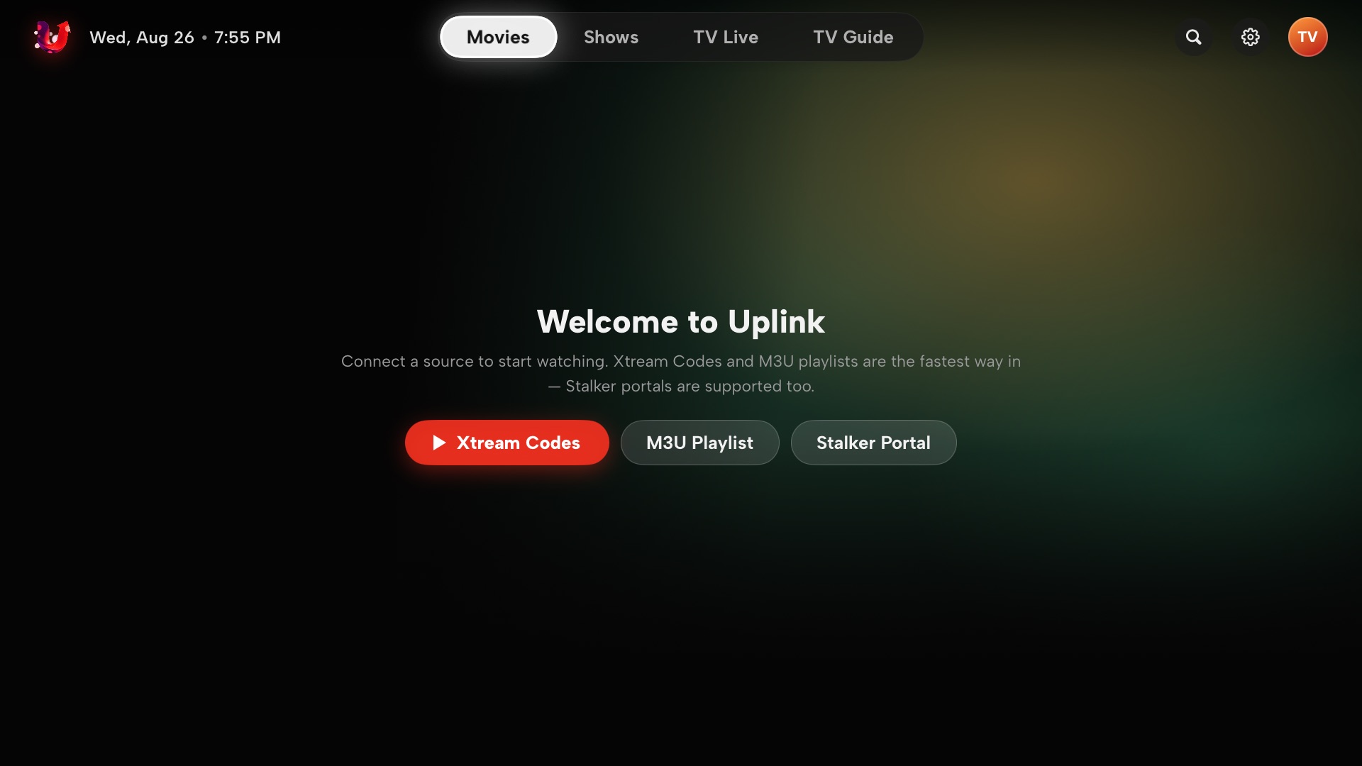 Uplink Player welcome screen with Xtream Codes, M3U Playlist and Stalker Portal buttons
