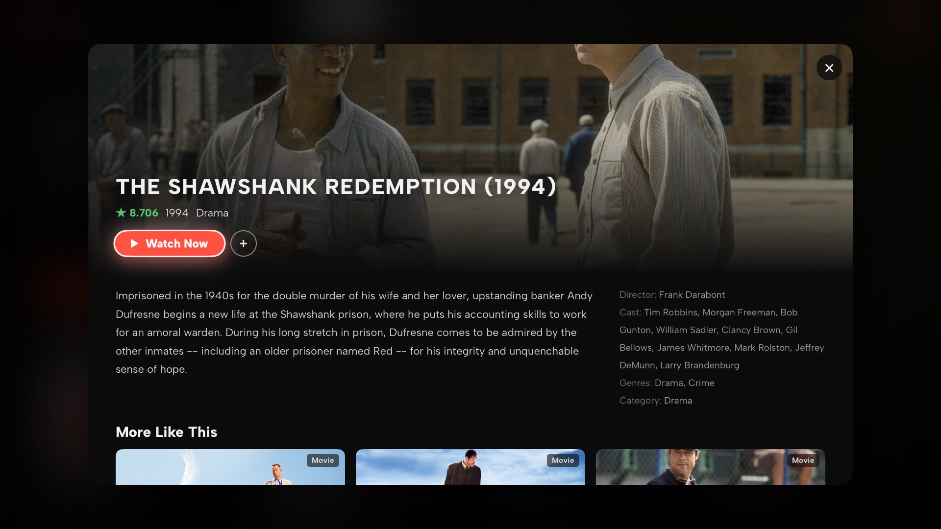 Movie detail overlay with rating, synopsis, cast and More Like This
