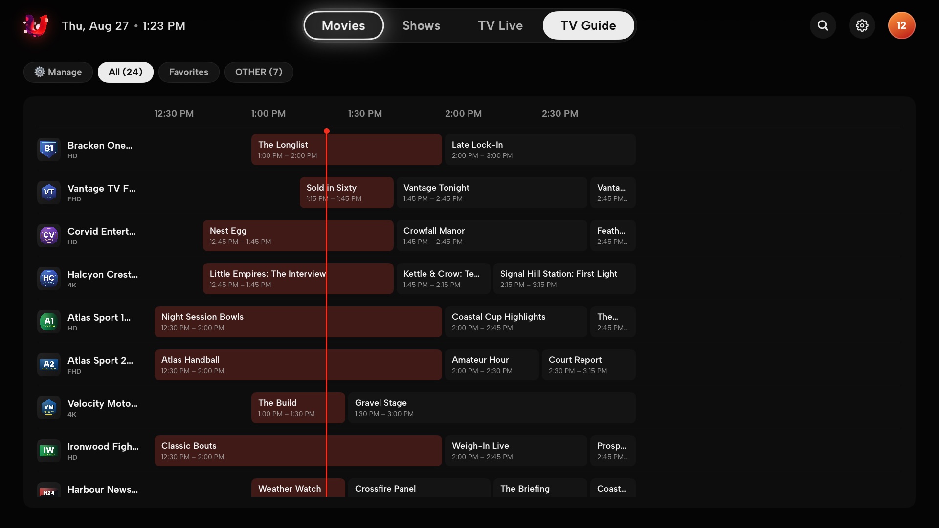 TV Guide grid with channels down the side and a live time marker