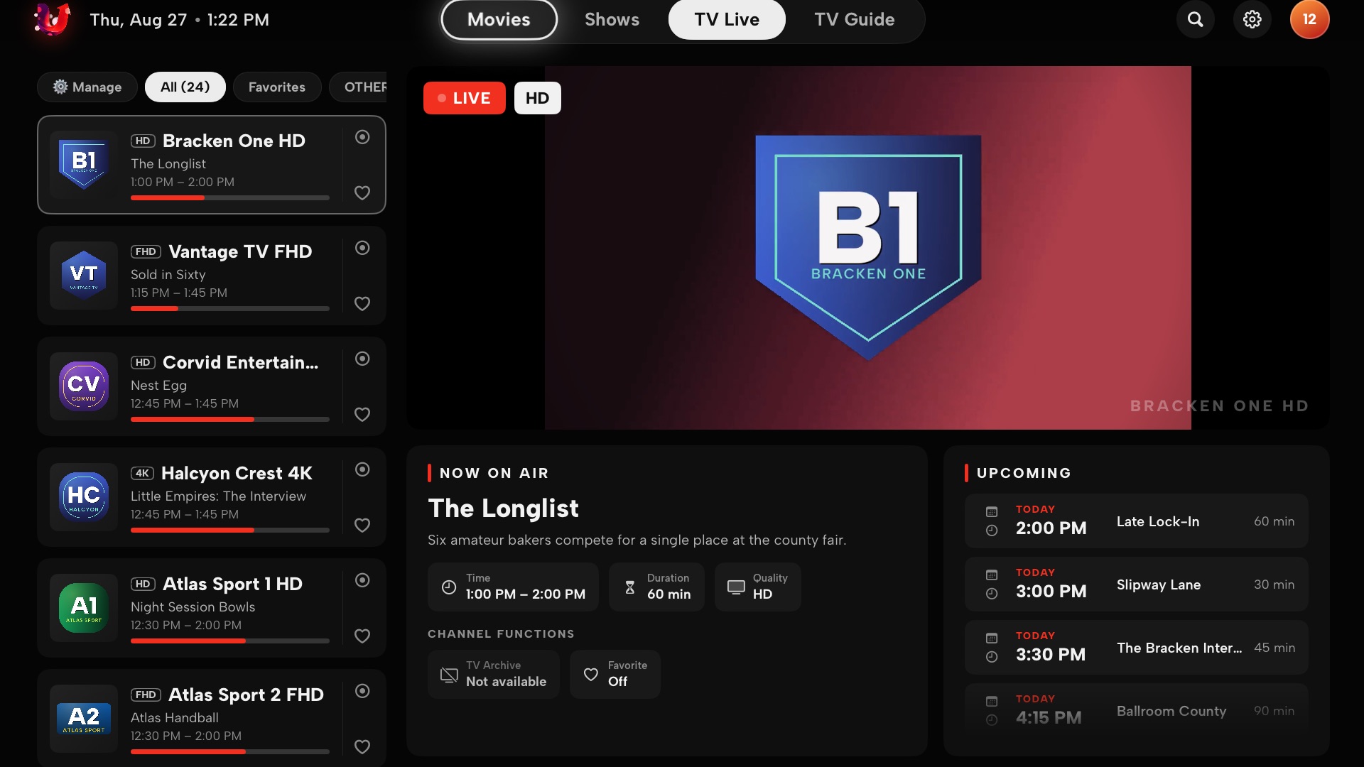 TV Live with channel list, live preview, now on air and upcoming programmes