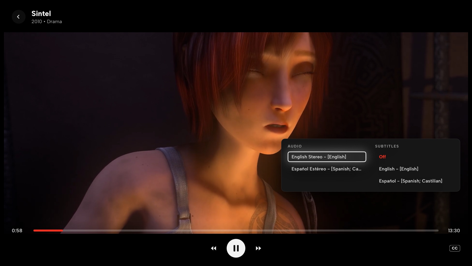 Player with audio and subtitle track selection open over the picture