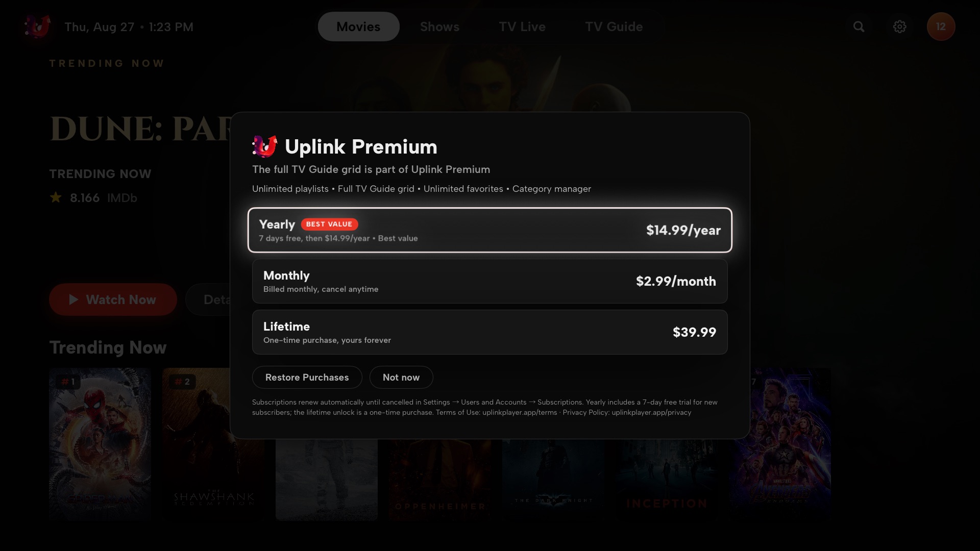 Uplink Premium paywall with yearly, monthly and lifetime plans